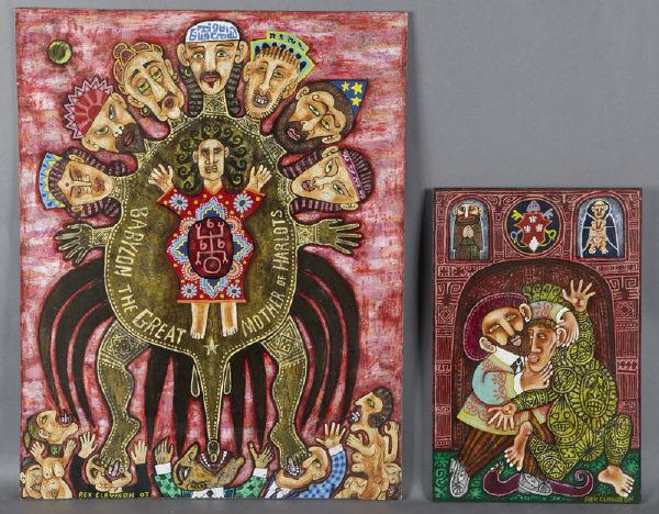 (2) Rex Clawson oil paintings on masonite;: (1) titled and dated on verso, "Boticelli and Savonorolla 2007", signed lower right, "Rex Clawson", 18"H x 12"W; (1) titled, "Babylon the Great Mother of Harlots", signed and dated lower left, "Rex Cl