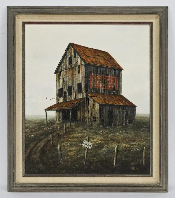 Ken Fleisch oil painting on canvas,: depicting a barn with a Coca-Cola sign. Canvas: 24"H x 20"W; Frame: 29"H x 25"W. Signed lower right, "Fleisch". Signed on verso. Ken Fleisch (American, 1943-2008) was a Texas artist known for still li