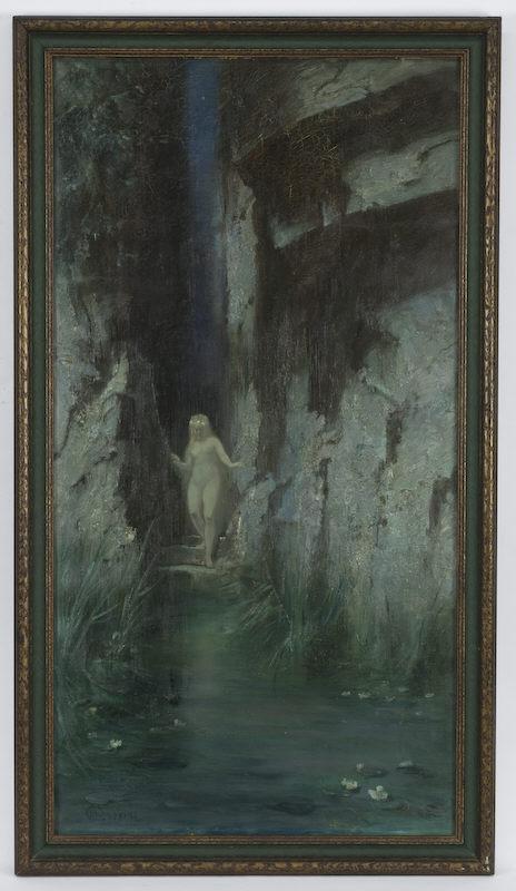Hermann Hendrich oil painting on canvas,: depicting an Art Nouveau figural scene possibly from Richard Wagner's, "Ring Cycle". Canvas: 41"H x 21.5"W; Frame: 44.5"H x 24"W. Signed lower left, "H Hendrich". Herman Hendrich (German, 1856-1931). 