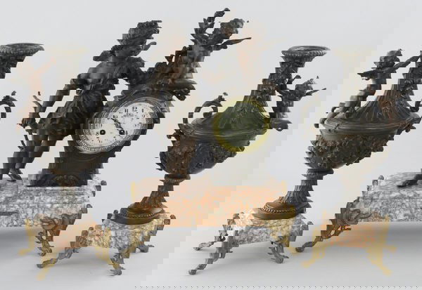 3 Pc. French clock garniture set titled, "Amour-: Chasseur" after Moreau, composed of spelter and marble. Clock; 18.5"H x 13.875"W x 8"D, Circa - 20th C.