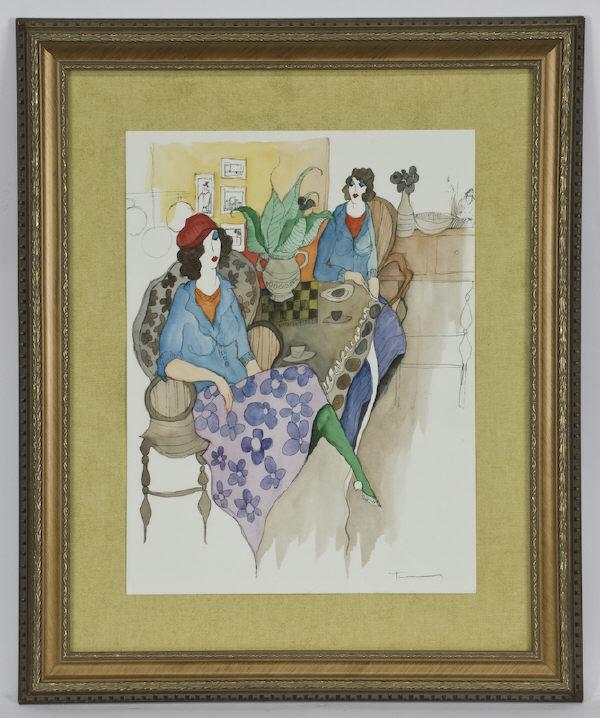 Itzchak Tarkay watercolor and pen on paper,: depicting two ladies having tea. Paper: 15.75"H x 12"W; Frame: 23.5"H x 19"W. Signed lower right, "Tarkay". Itzchak Tarkay (Israeli, B. 1935). Circa - 20th C.