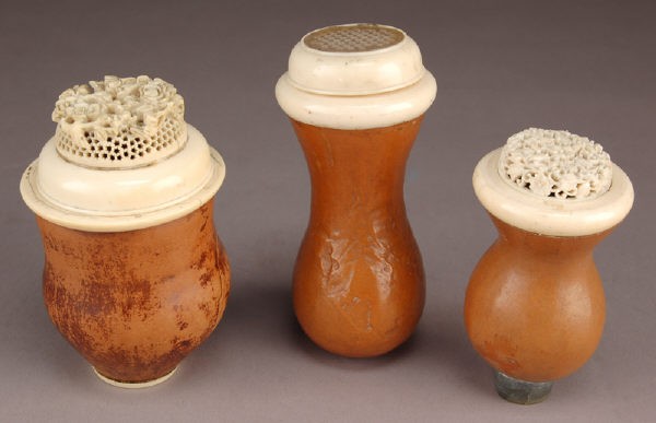 (3) Chinese ivory topped gourd cricket cages.: (International buyers should note that several countries do not allow the importation of lots containing materials made from endangered species. This includes, but is not limited to, ivory, coral and 