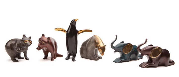 (6) Loet Vanderveen small bronze animal figures,: (6) Loet Vanderveen small bronze animal figures, including: (2) racoons, numbered "259/2500" and "106/2500"; (2) elephants, numbered "890/2000" and "204/2000"; (1) penguin, numbered "363/2500"; (1)