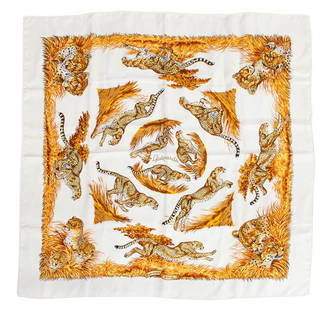 Hermes "Guepards" silk scarf: Hermes "Guepards" silk scarf with cream ground, designed by Robert Dallet. 36" Sq.,