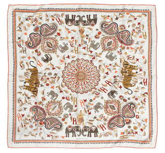 Hermes "Carre Kantha" silk scarf: Hermes "Carre Kantha" silk scarf with Indian inspired motif to cream ground. 36" Sq.,