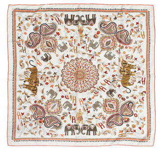 Hermes "Carre Kantha" silk scarf: Hermes "Carre Kantha" silk scarf with Indian inspired motif to cream ground. 36" Sq.,