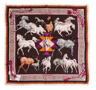 Hermes "Le Chevaus Qataris" silk scarf: Hermes "Le Chevaus Qataris" silk scarf with polychrome equestrian motif to chocolate ground within geometric border. 36" Sq.,