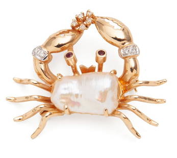 14K yellow gold crab pin: 14K yellow gold crab pin with natural pearl, ruby, and diamonds. Stamped, "14K 585 WLC". Weight: 5.35dwt. 1.5"H. This lot being sold on behalf of the Federal Bankruptcy Court.