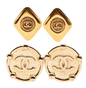 (2) Pr. Chanel gold tone earclips,: (2) Pr. Chanel gold tone earclips, one pair circular and the other diamond shaped, both featuring double C logo to center. Each with Chanel oval mark. Larger: 1.5" Dia.,