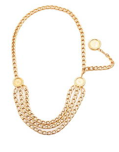 Chanel 31 Rue Cambon chain belt,: Chanel 31 Rue Cambon chain belt, gold tone, featuring three medallions. Stamped to hook. 41.5"L,