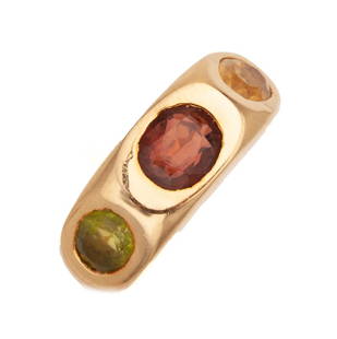 Ladies 18K gold ring with yellow, orange, & light: Ladies 18K gold ring with yellow, orange, & light green stones. Testing as tourmaline. Weight: 10.4dwt. Size: 6.25. This Lot being sold on behalf of the Federal Bankruptcy Court.