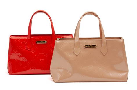 (2) Louis Vuitton patent leather tote bags,: (2) Louis Vuitton patent leather tote bags, in red and beige.