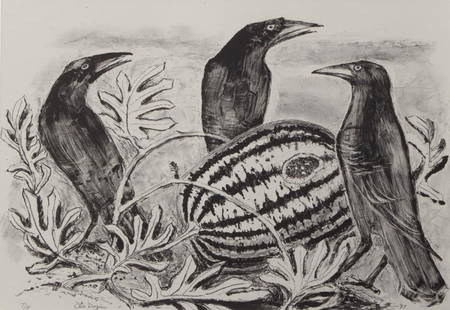 Otis Dozier "Crows & Melon" lithograph, 1987.: Otis Dozier "Crows & Melon" lithograph, 1987. Signed lower left, "Otis Dozier" and dated lower right, "'87". Site: 17.75"H x 25"W; Frame: 24.25"H x 31.5"W. Otis Dozier (American, 1904-1987).