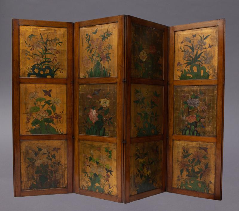 Regency 4-panel painted leather folding screen, (1 of 5)