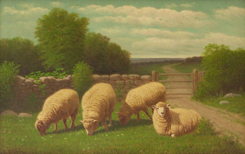 Samuel S. Carr "Sheep by the Lane" oil on canvas. (1 of 4)