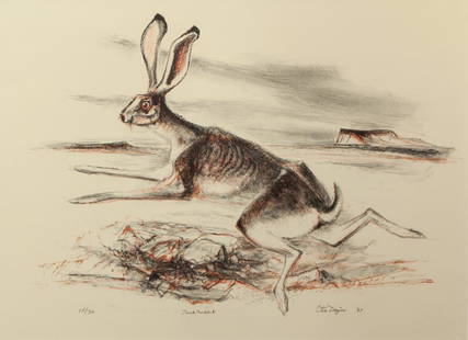 Otis Dozier "Jack Rabbit" lithograph, 1987.: Otis Dozier "Jack Rabbit" lithograph, 1987. Lithograph edition 15/30. Numbered lower left, titled lower center, signed and dated lower right, "Otis Dozier '87". Site: 17.75"H x 23.5"W; Frame: 24.25"H