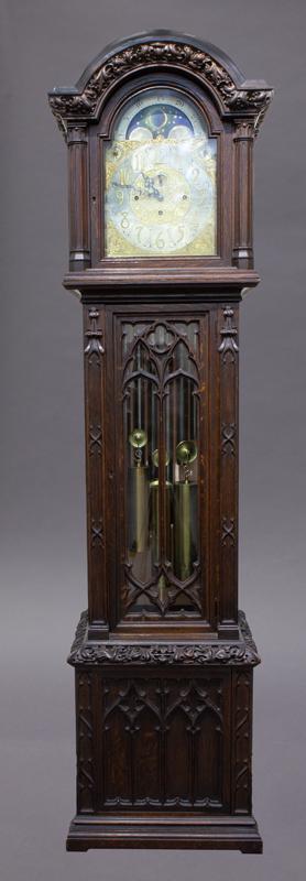 Tiffany Gothic style oak tallcase chiming clock (1 of 5)