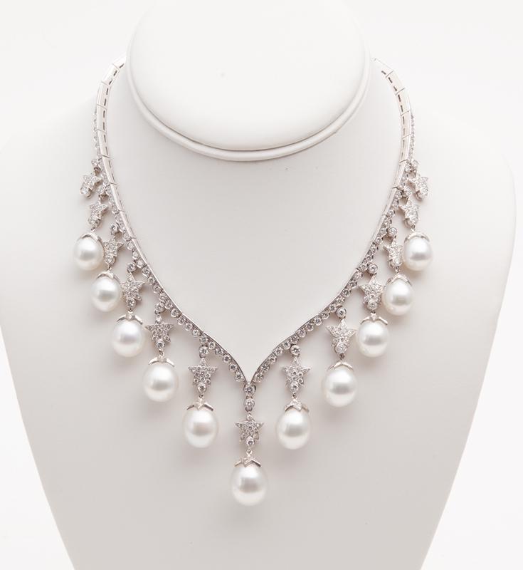 18K white gold V neck with diamonds and pearls, (1 of 6)