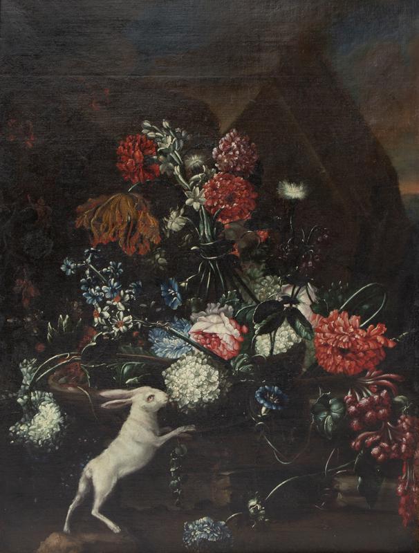 Dutch school still life painting with rabbit: Dutch school still life painting with rabbit and bouquet. Canvas: 41.5"H x 31"W; Frame: 46"H x 36.5"W. PROVENANCE: From the Estate of Elizabeth Boone Gertz, Dallas, Texas. From the Collection of Axel