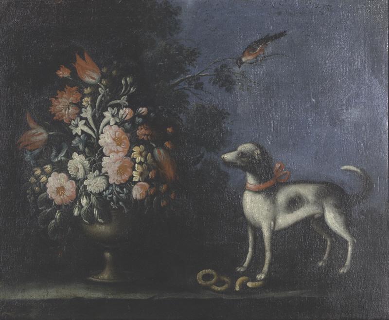 Early Dutch school still life painting: Early Dutch school still life painting depicting a dog and bouquet. PROVENANCE: From the Estate of Elizabeth Boone Gertz, Dallas, Texas. From the Collection of Axel Vervoordt, Belgian interior designe