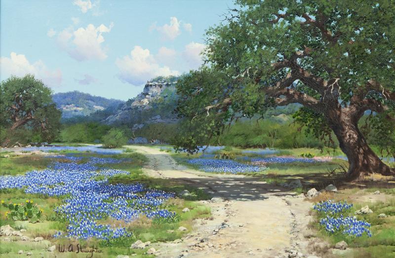 William Slaughter "Hill Country Springtime" oil: William Slaughter "Hill Country Springtime" oil on canvas. Signed lower left, "W.A. Slaughter". Canvas: 24"H x 36"W. Frame: 32"H x 44"W. William A. Slaughter (American, 1923 - 2003).