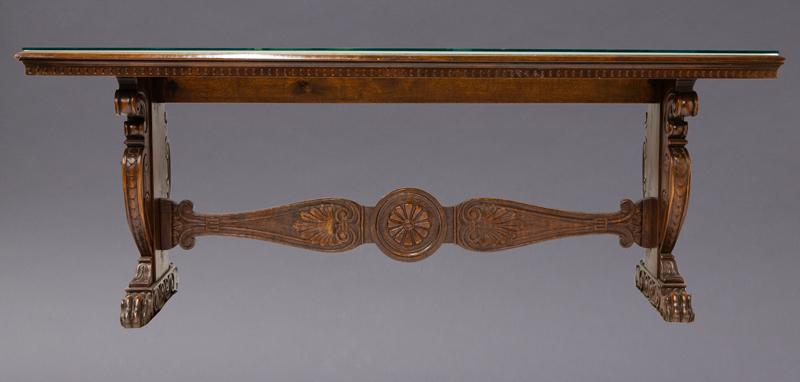 Carved mahogany library table with glass top (1 of 6)