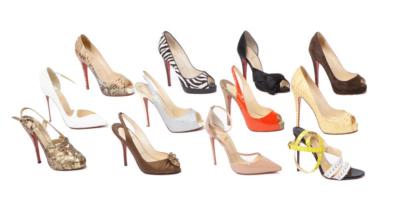 (12) Prs. Christian Louboutin heels,: (12) Prs. Christian Louboutin heels, including: (1) brown suede peep toe (36); (1) snake skin peep toe (37); (1) zebra peep toe (37); (1) ochre snake skin peep toe (37); (1) red peep toe slingback (37