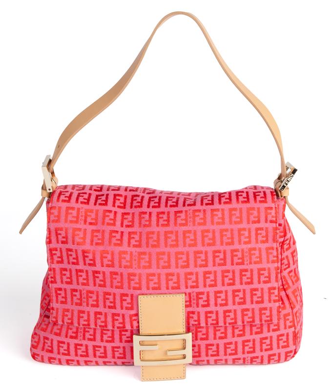 Fendi Mamma Baguette Shoulder Bag: Fendi Mamma Baguette Shoulder Bag in pink/light beige Zucca canvas with gold tone hardware, marked: 2321-53R001-028. 7.5" x 11" x 4.25".