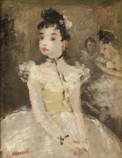 Dietz Edzard "Ballerina" oil on board.: Dietz Edzard "Ballerina" oil on board. Signed lower left, "D. Edzard". Canvas: 14"H x 11"W; Frame: 17.5"H x 14.5"W. PROVENANCE: Lot 2236 Clars Auction Gallery, Oakland, California, April 11, 2010 (lab