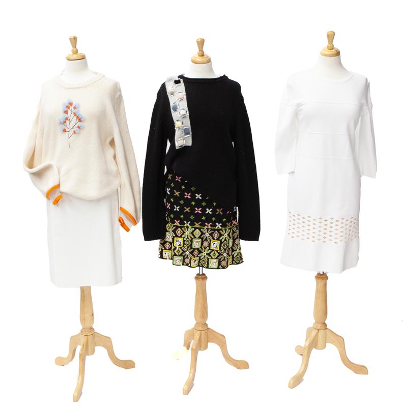 (5) Fendi separates,: (5) Fendi separates, including: (1) embellished skirt with elastic waist (waist: 15", hip: 20", length: 20.5"); (1) cashmere black embellished sweater (size: 10, shoulder: 18", length: 25"); (1) white