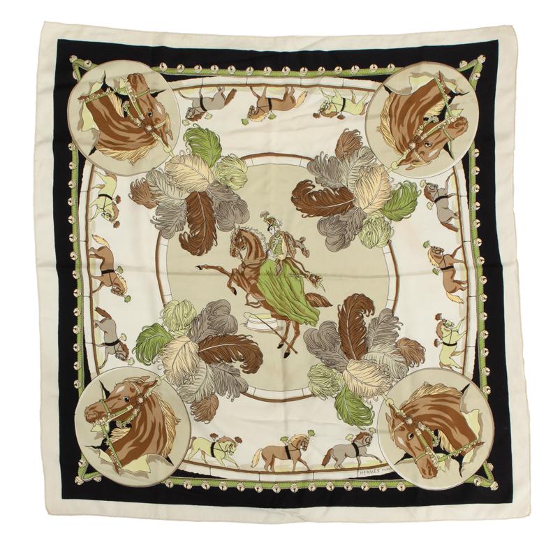 Hermes silk scarf: Hermes silk scarf with equestrian motif within black border on cream ground. 36" Sq.,