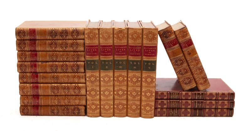 (18) Antique leather bound volumes,: (18) Antique leather bound volumes, including: (10) Vols. "The Poetical Works of Lord Byron in Ten Volumes", John Murray, London, 1873, with full leather bindings; (3) Vols. "Records of Shelley, Byron