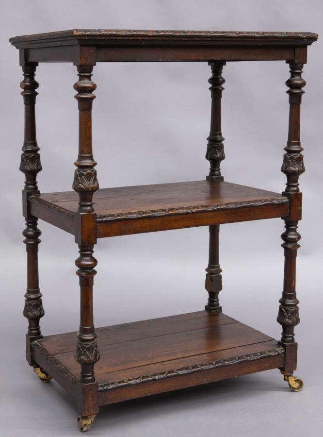 Small antique carved oak 3-tier tea trolley, (1 of 8)