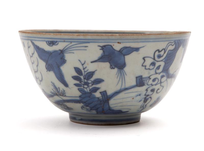 Chinese Ming blue and white porcelain bowl,: Chinese Ming blue and white porcelain bowl, depicting deer and birds in a landscape. 2.5"H x 4.875" Dia., Circa - 16th - 17th C.