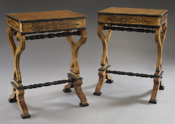 Pr. Charles X style inlaid side tables,: Pr. Charles X style inlaid side tables, the apron inlaid with scroll and leaf design and having one large drawer, on curule legs joined by a turned stretcher. 30.75" H x 23" W x 17" D, Circa - 20th C.