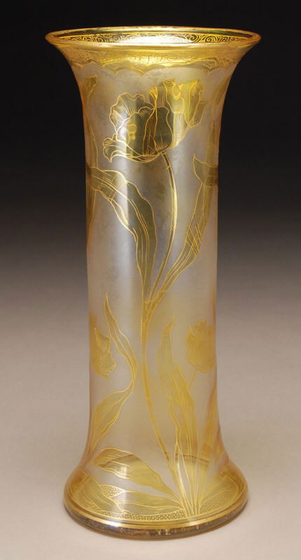 Dorflinger Honesdale vase,: Dorflinger Honesdale vase, cylindrical form in translucent glass decorated with gilt highlighted amber Art Nouveau leafy stemmed flower, signed, " Honesdale" , 12.25" H. Circa - 1900.