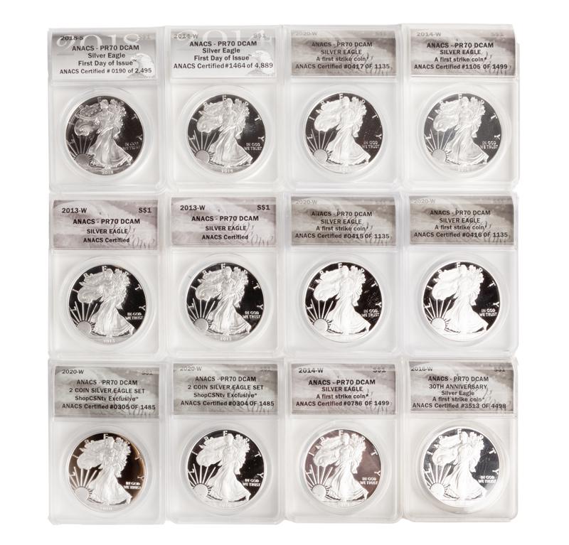 US 1 oz Silver Eagle Grp. (12) ANACS PR 70 DCAM (1 of 4)