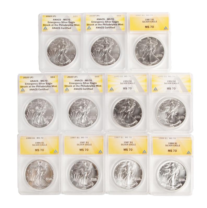 US 1 oz Silver Eagle Group (11) ANACS MS 70 (1 of 4)