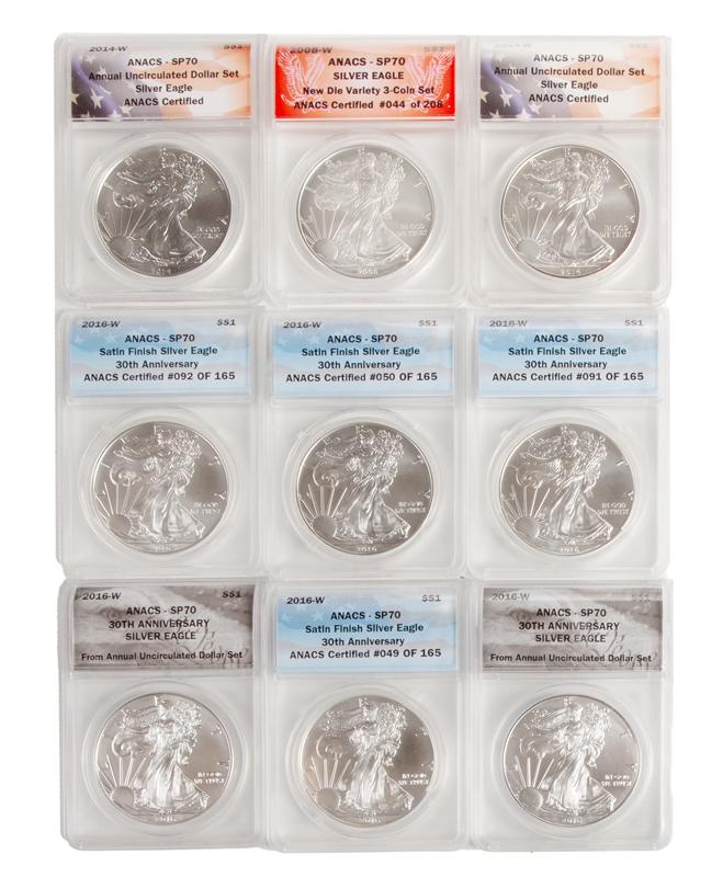 US 1 oz Silver Eagle Group (9) ANACS SP 70 (1 of 4)