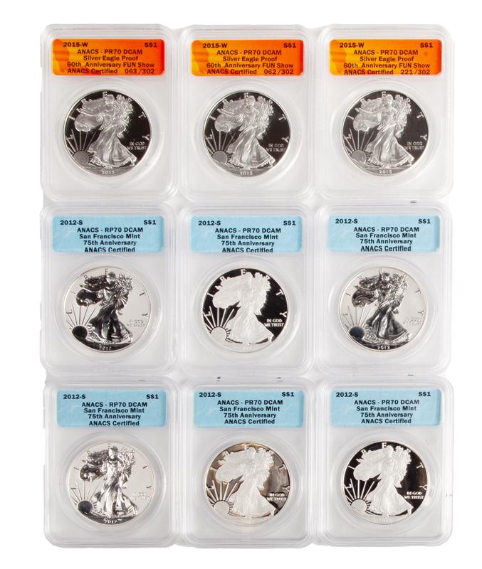 US 1 oz Silver Eagle Group (9) ANACS PR 70 DCAM (1 of 4)