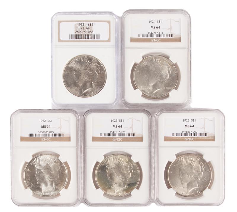 US Peace Silver Dollar Group (5) NGC MS 64 (1 of 4)