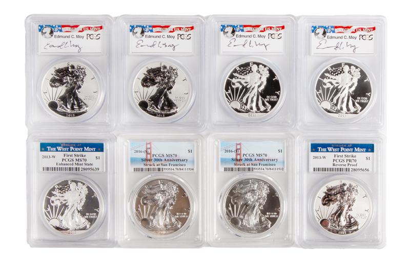 US 1 oz Silver Eagle Group (8) Some Signed, PCGS (1 of 4)
