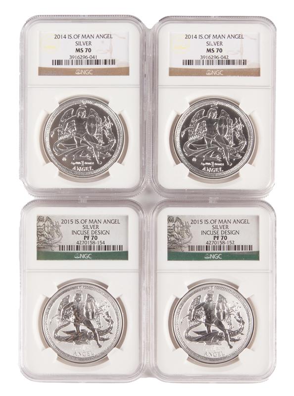 Isle of Man 1 oz Silver Angel Group (4) NGC: Isle of Man 1 oz Silver Angel Group (4) NGC - (2) 2014 Isle of Man 1 oz silver Angel, NGC MS 70. (2) 2015 Isle of Man 1 oz silver Angel, includes design, NGC PF 70.