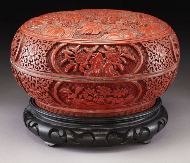 Chinese Qing carved cinnabar penghe box depicting f: Chinese Qing carved cinnabar penghe box depicting figures in a landscape. 6.25"H x 12.125" Dia., Circa - 19th C.