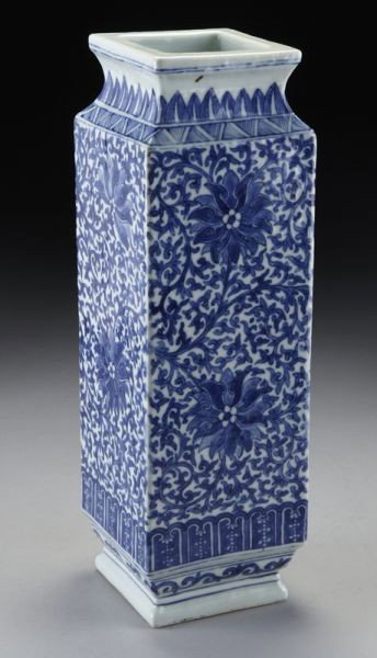 Chinese Qing Daoguang blue and white porcelain squa: Chinese Qing Daoguang blue and white porcelain square vase depicting lotus. 11"H x 3.5"Sq. Circa - 1820-1850.