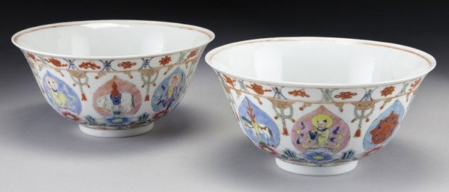 Pr. Chinese Sino - Mongolian Daoguang period porcel: Pr. Chinese Sino - Mongolian Daoguang period porcelain bowls depicting 8 lucky symbols. 3.25"H x 7" Dia., Circa - 1820-1850.