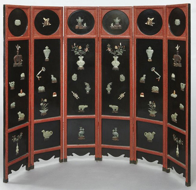 Chinese carved jade mounted cinnabar six panel scr: Chinese carved jade mounted cinnabar six panel screen depicting lucky symbols. 76"H x 96"W, Circa - Early 20th C.