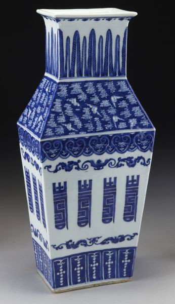 Chinese Qing Daoguang rectangular blue and white v: Chinese Qing Daoguang rectangular blue and white vase depicting bats in clouds and longevity symbols. 17"H x 7.25"D, Circa - 19th C.