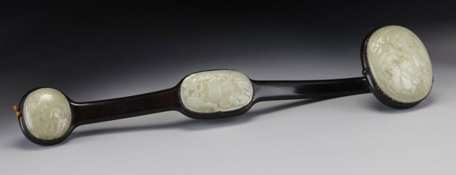 Chinese Qing jade inlaid rosewood ruyi scepter. 19: Chinese Qing jade inlaid rosewood ruyi scepter. 19"L, Circa - 19th C.