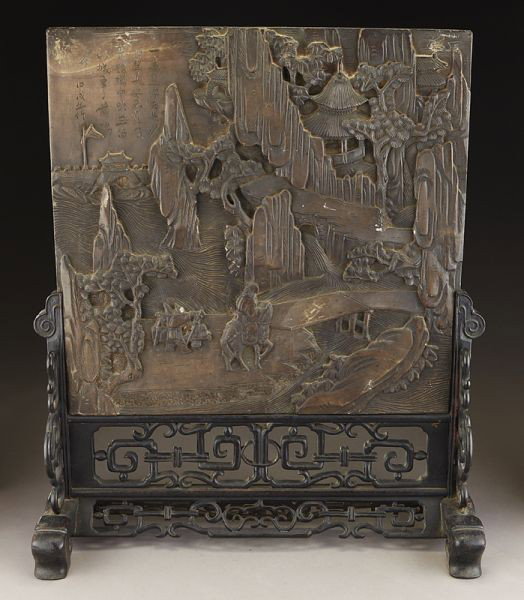Chinese Qiyang stone table screen depicting figure: Chinese Qiyang stone table screen depicting figures in a landscape and a poem. Dated 1934. Screen: 18.25"H x 19"W, Overall: 25"H,